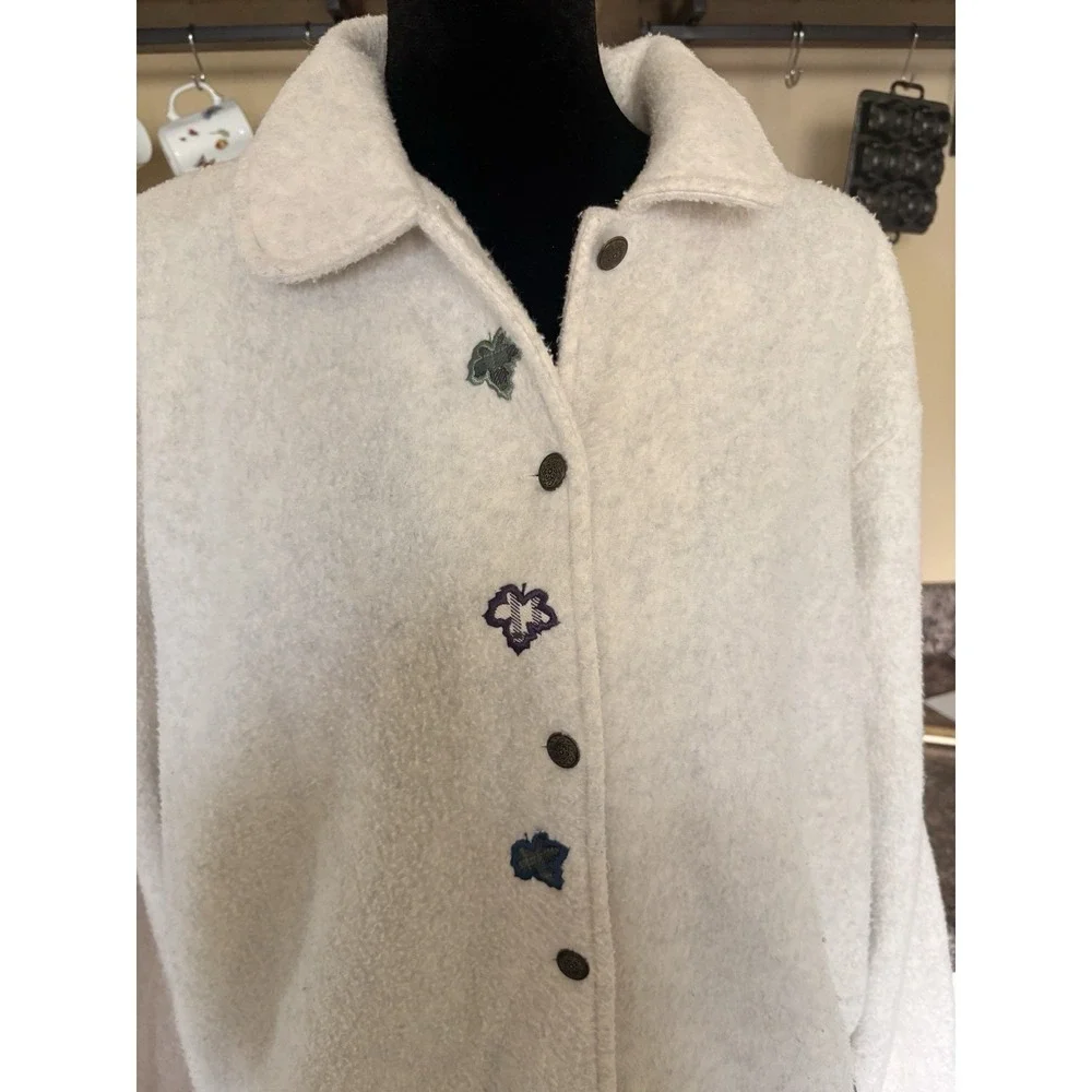 VTG Teddi Fleece Button Cottage Applique Granny Cardigan Fall Cabin Sweater Sz L - Picture 3 of 8